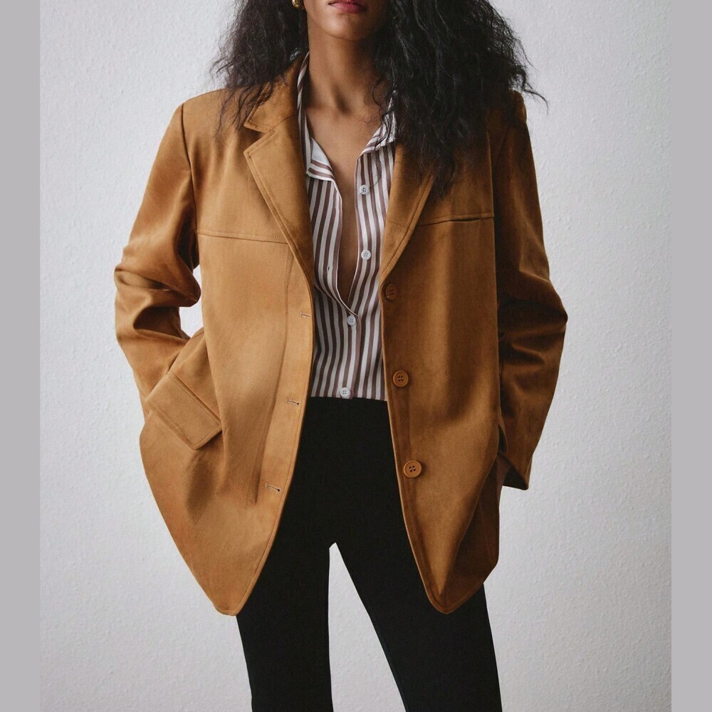 Camel Tan Vegan Suede Notch Lapel Oversized Blazer